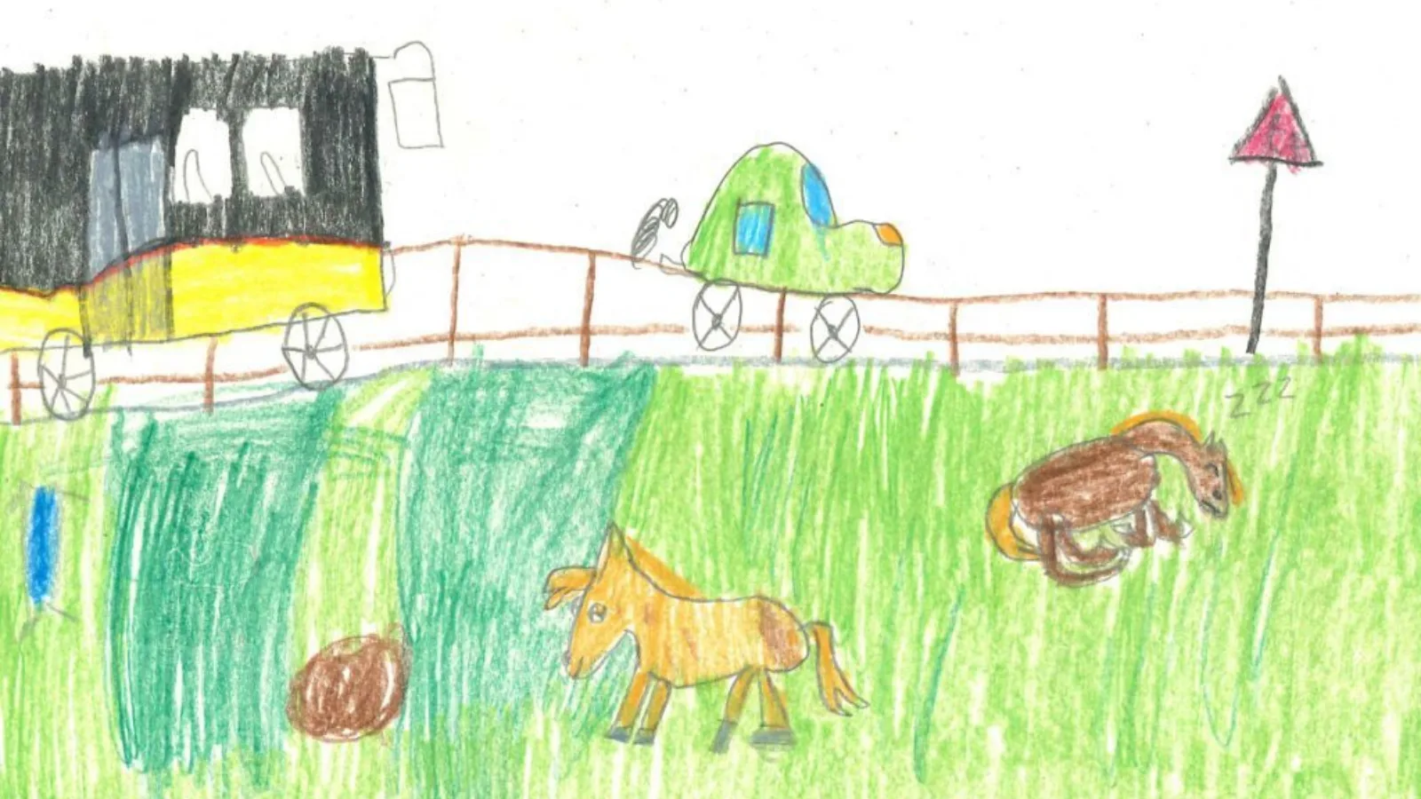 Dessin d'enfant représentant le chemin de l'école, avec des animaux et un car postal