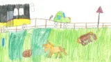 Dessin d'enfant représentant le chemin de l'école, avec des animaux et un car postal