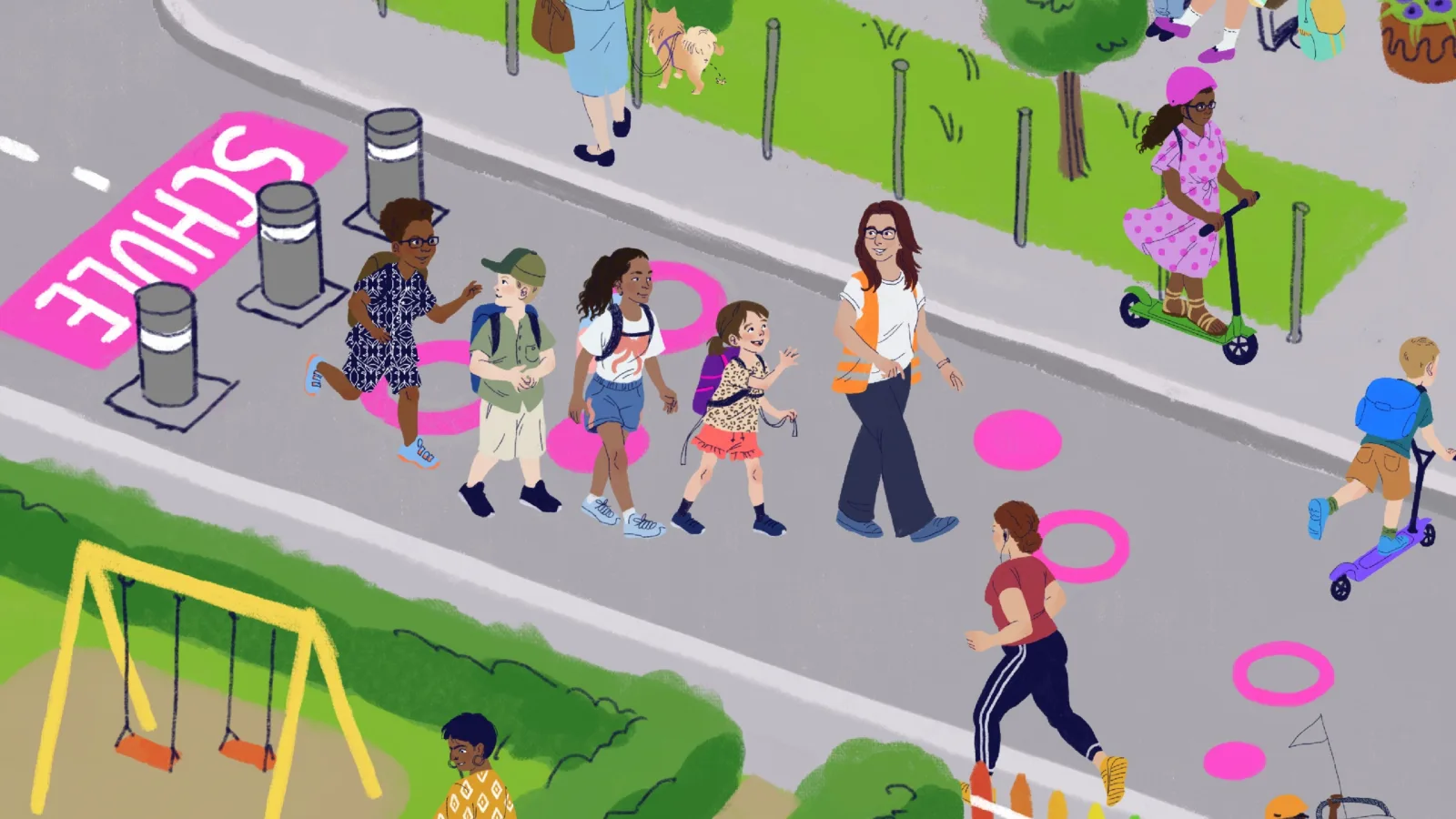 Illustration représentant des enfants dans une rue près d'une école