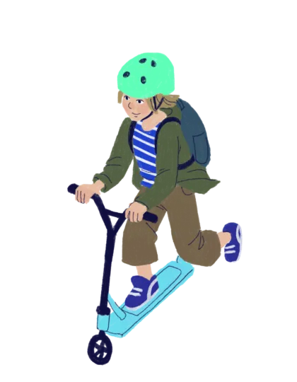 Un enfant en trottinette sur le chemin de l'école