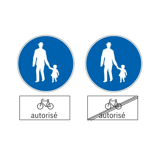 Chemin piéton avec plaque complémentaire «Vélos autorisés»
